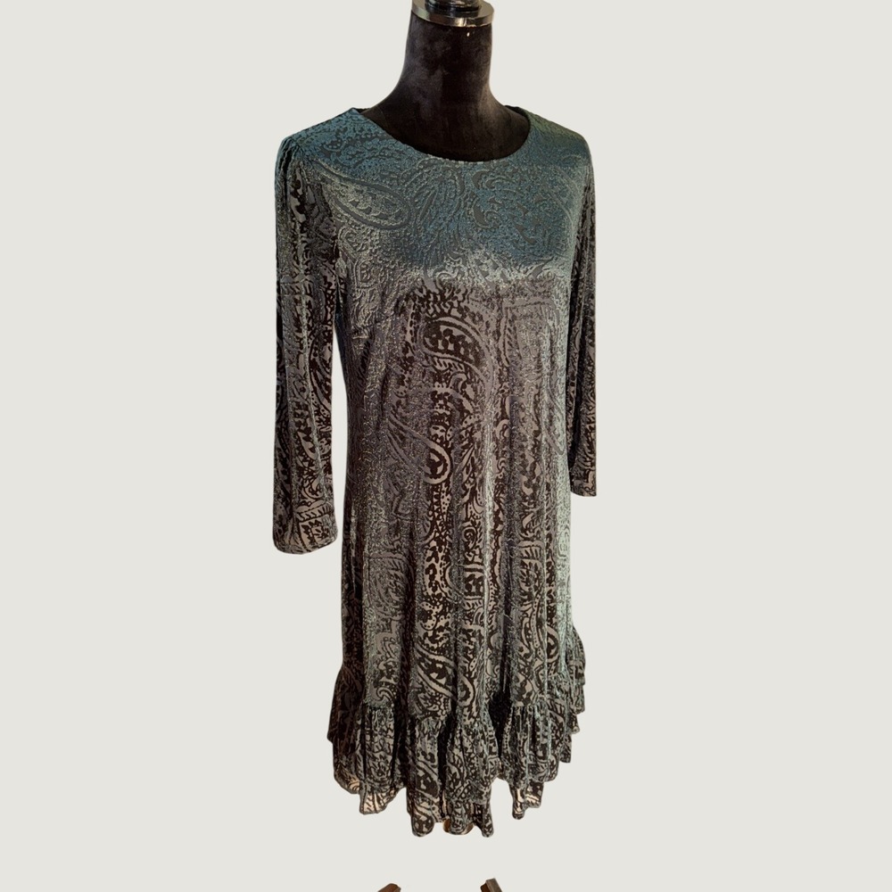 Tommy Hilfiger Women's L Green Velour Burnout Paisley 3/4 Sleeve Dress
